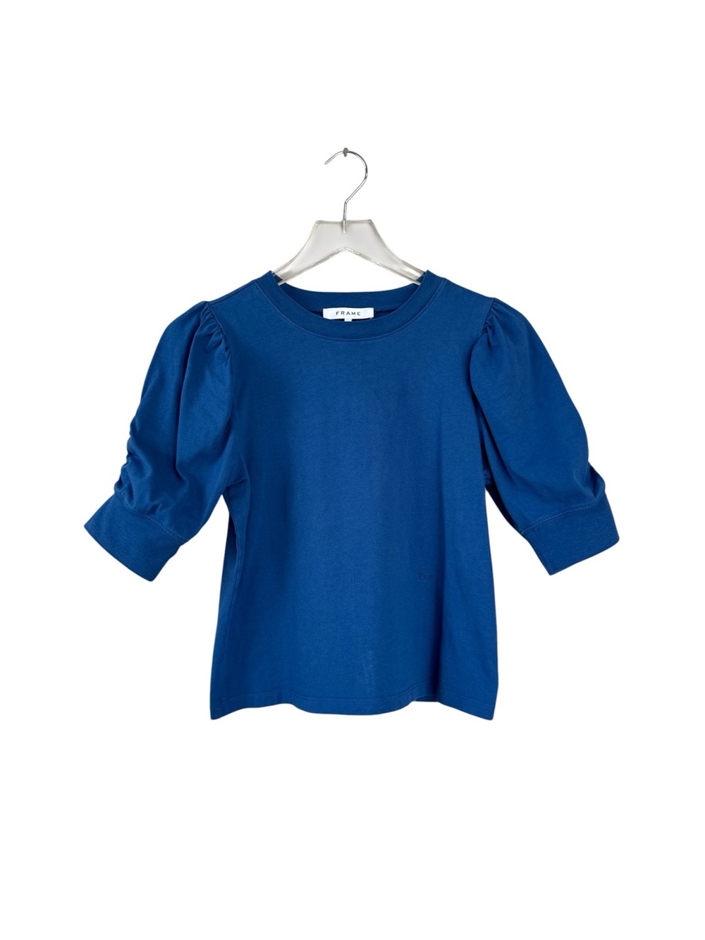 FRAME Frankie Ruched Puff Sleeve Tee Blue Organic Cotton Size Small
